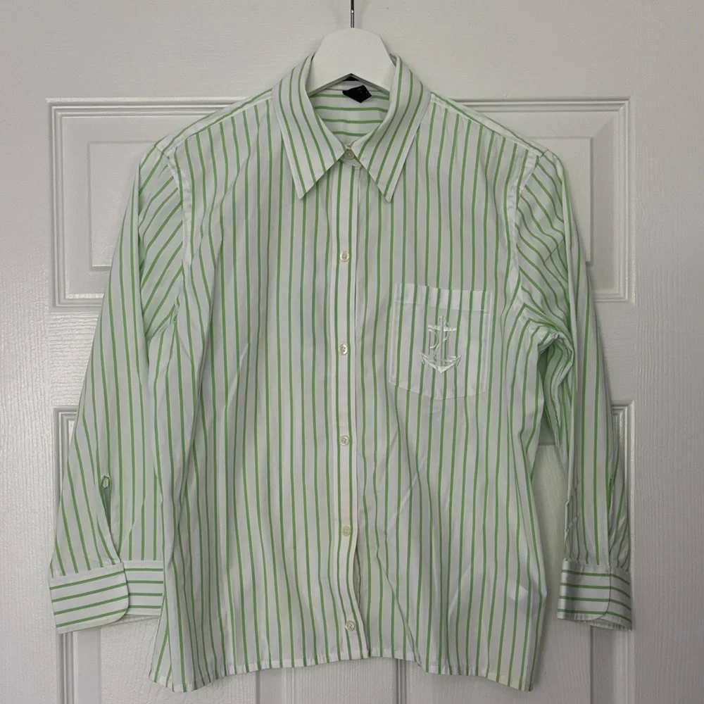 Ralph Lauren Green and White Striped Button Down Shirt Size Medium - Picture 2 of 9